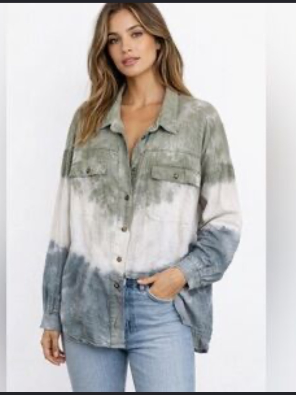 POL Washed Tie-Dye Button-Down Shirt Jacket in Olive and Gray